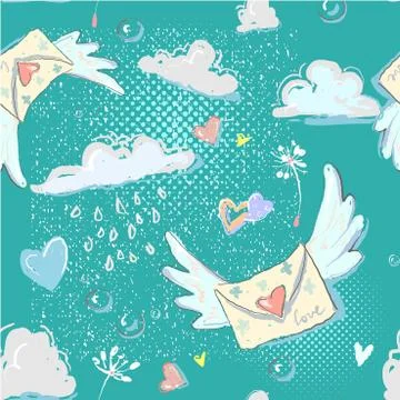Enevelope flying hearts dandelion clouds raindrops Doodle love seamless pattern Stock Illustration