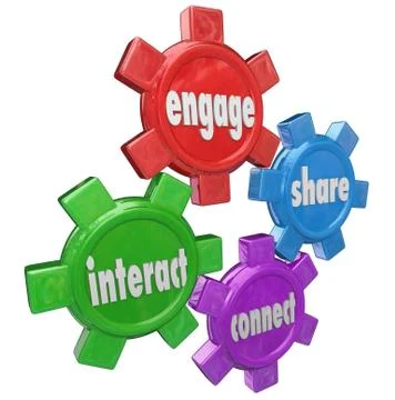 Engage interact share connect words gears information Stock Illustration
