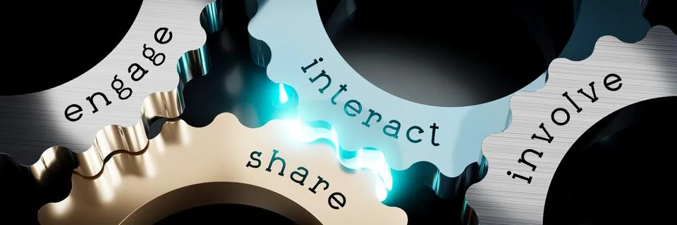 Engage, interact, share, involve - gears concept - 3D illustration Stock Illustration