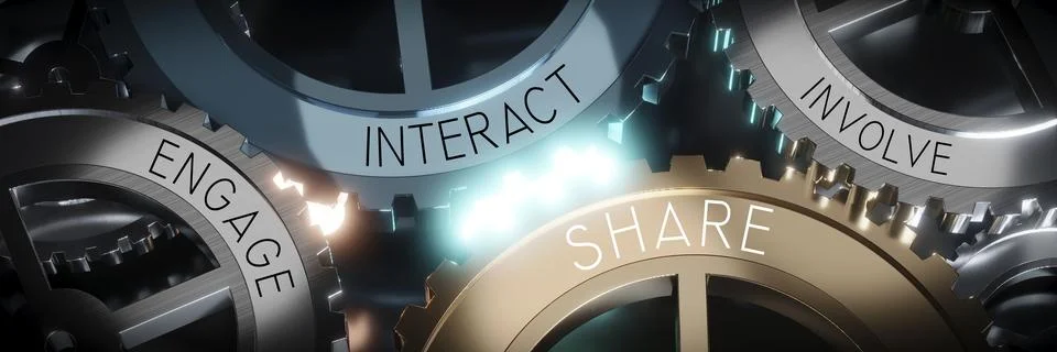Engage, interact, share, involve - gears concept - 3D illustration Stock Illustration