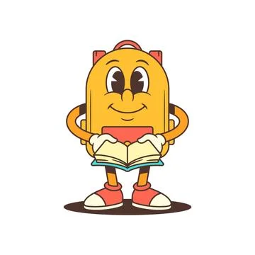 Engaged backpack mascot holds an open book with both hands, showing focus and Stock Illustration