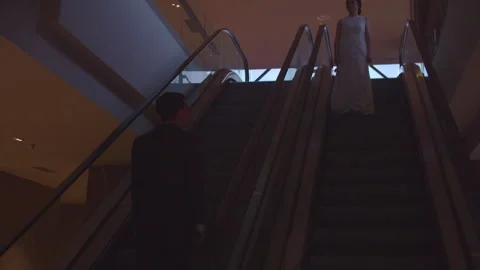 Engaged Couple Gazing at Each Other on Moving Escalator Stock Footage 334091035
