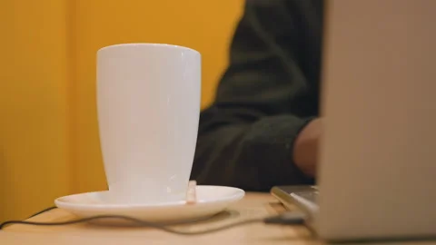 Engaged in programming inside bright cafe environment. Person diligently Stockbeeldmateriaal 333182744
