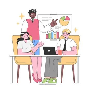 Engaged team collaborates on a project. Flat vector illustration. Stock Illustration