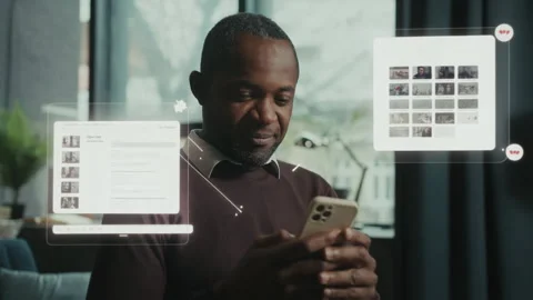 Engaged User Interacting with Smartphone in Modern Living Space Stock Footage 315001246