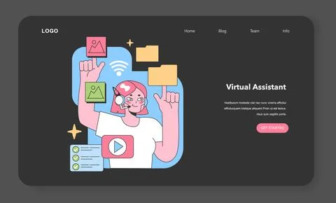 Engaged virtual assistant manages multimedia elements. Flat vector illustration 库存插图
