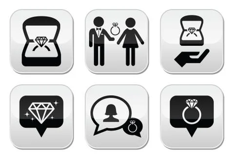 Engagement, diamond ring in box vector buttons set Stock Illustration