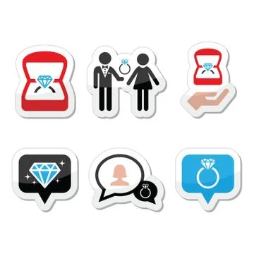 Engagement, diamond ring in box vector icons set Stock Illustration