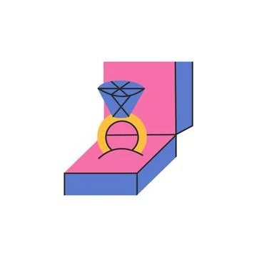 Engagement ring with diamond in gift box. Wedding ring in a flat style. Val.. Stock Illustration