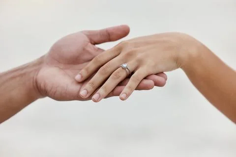 Engagement ring, hands and proposal of engaged couple romantic marriage Stock Photos