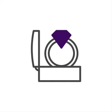 Engagement ring with purple gemstone within a white box conveys commitment .. Illustrazione stock