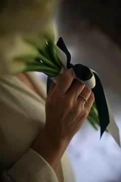 Engagement silver ring on the brides hand. 写真素材