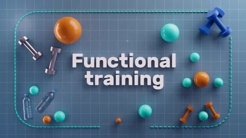 Engaging 3D scene showcasing vibrant fitness equipment and bold text emphasizing Stock Footage 323917870