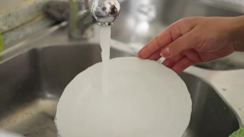 Engaging in the activity of washing dishes thoroughly in a kitchen sink while Stock Footage 304683687