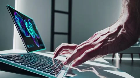 Engaging with advanced technology while analyzing data in a modern workspace set Stock Footage 296418983