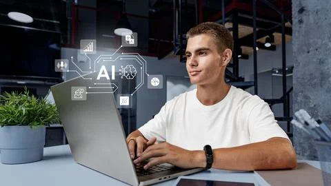 Engaging in AI research and development in a modern office space during daytime Stock Photos