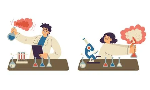 Engaging and Creative Science Experiments Utilizing Beakers and Microscopes for Stock Illustration