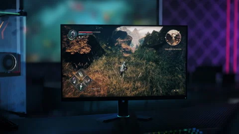 Engaging in the battle versus enemy boss in the computer action rpg game Video stock 267863371