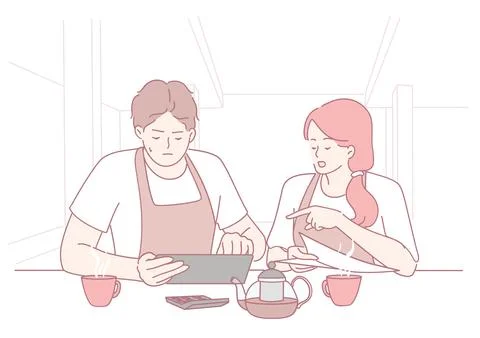 Engaging in Collaborative Coffee Shop Discussions Enhanced with Digital Tools Stock Illustration