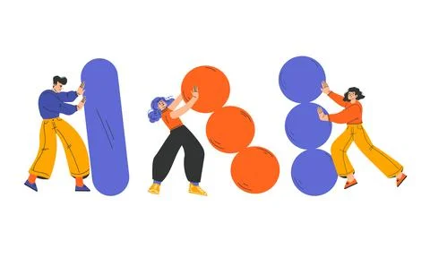 Engaging in Collaborative Teamwork Using Colorful Shapes and Unique Figures for Stock Illustration