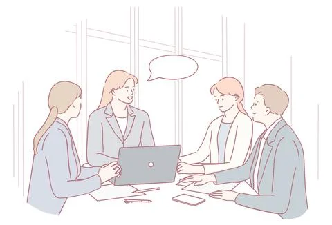 Engaging in a constructive team discussion within a modern office workspace Stock Illustration