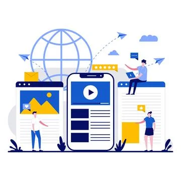 Engaging content with tiny character. People communication with subscribers.. Stock Illustration