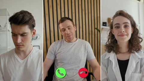 Engaging conversation during split screen online call on a weekday Video stock 305540031