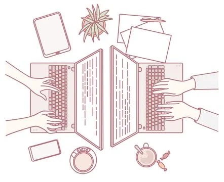 Engaging in Creative Collaboration at the Workstation with Laptops and Various Stock Illustration