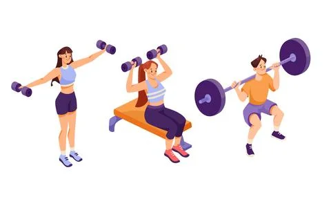 Engaging in dynamic fitness activities using dumbbells and various weights for Stock Illustration