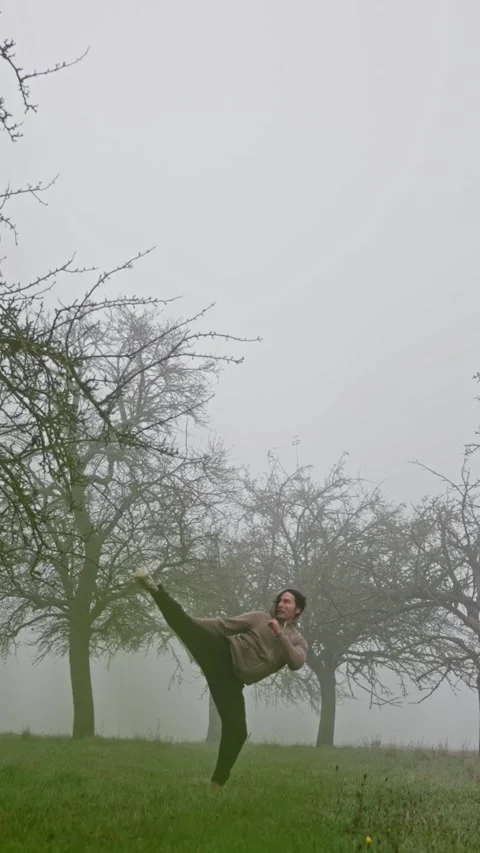 Engaging in dynamic movement within a misty orchard ignites sparks of creativity Stock Footage 312476308