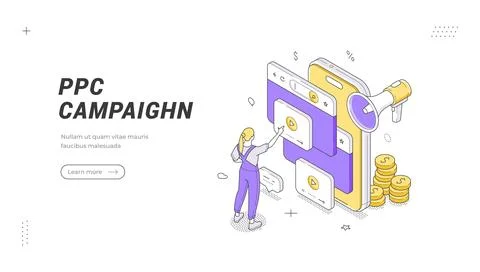 Engaging isometric banner template for a digital marketing PPC campaign. This Stock Illustration