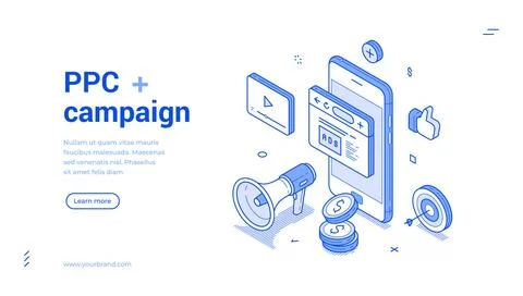 Engaging isometric line banner design for effective PPC campaign strategies.. Stock Illustration