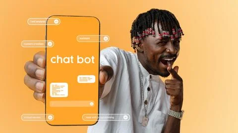 Engaging man showcasing chatbot features on smartphone against orange background Stock Photos