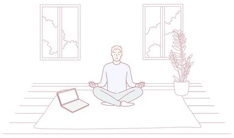 Engaging in Meditation Within a Serene Space Accompanied by a Laptop for Inner Stock Illustration