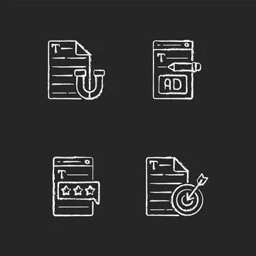 Engaging online content chalk white icons set on black background Stock Illustration