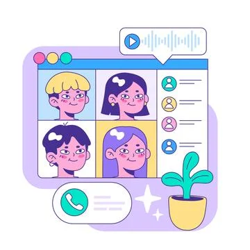 Engaging online group video call featuring diverse faces in a colorful interface Illustrazione stock