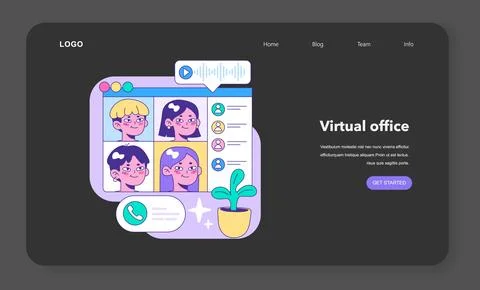 Engaging online group video call featuring diverse faces in a colorful interface Illustrazione stock