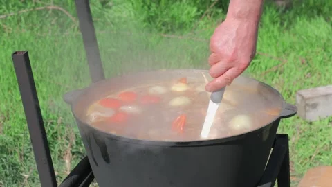 Engaging in Outdoor Cooking Using Fresh and Natural Ingredients in a Large Pot Видео 286123751