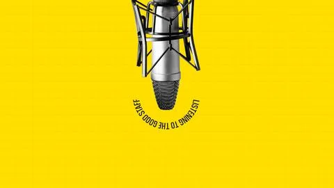 Engaging podcast session featuring a microphone against a yellow background Stock Photos