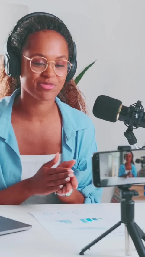 Engaging podcast session with a lively host sharing insightful stories Stock Footage 286148198