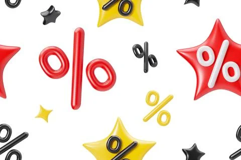 Engaging seamless pattern featuring colorful 3D percentage symbols and stars in Stock Illustration