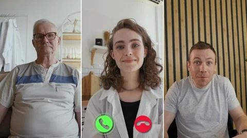 Engaging split screen call with three participants in conversation Video stock 305540318