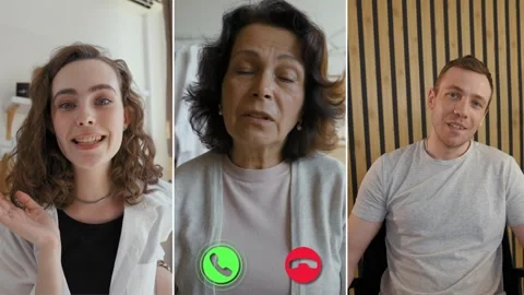 Engaging split screen online conversation among three individuals Stock Footage 305543385