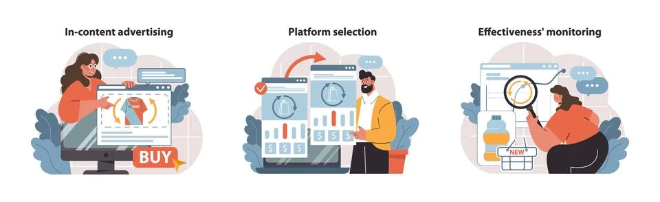 Engaging vector illustrations depict in-content advertising, platform selection. Stock Illustration