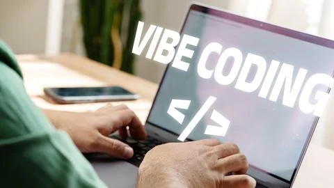 Engaging in vibe coding while working on a laptop at home during the day 写真素材