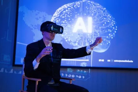 Engaging in virtual reality with AI technology during a tech workshop at a .. Stock Photos