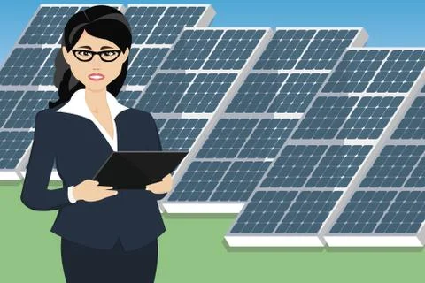 Engeneer with tablet computer on a background of solar energy power station. Stock Illustration