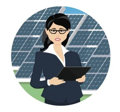 Engeneer with tablet computer on a background of solar energy power station. Stock Illustration