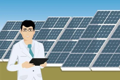 Engeneer with tablet computer on a background of solar energy power station. Stock Illustration