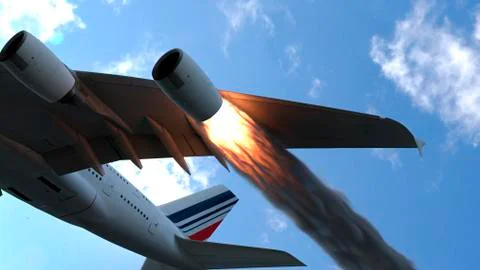 The engine of the aircraft caught fire and burns with the release of black smoke イラスト素材